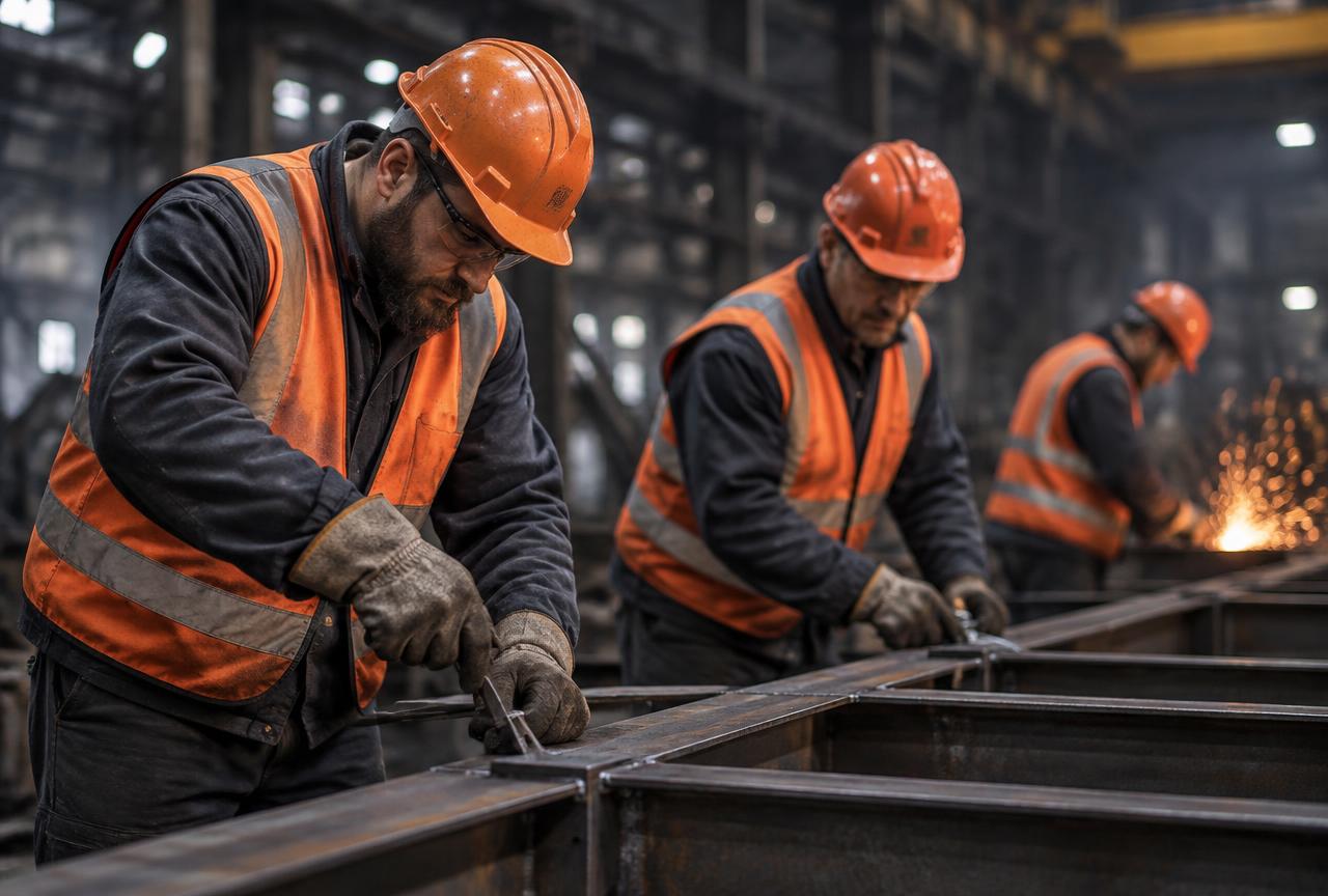 Skilled industrial workers fitting a fabricated steel frame in a workshop