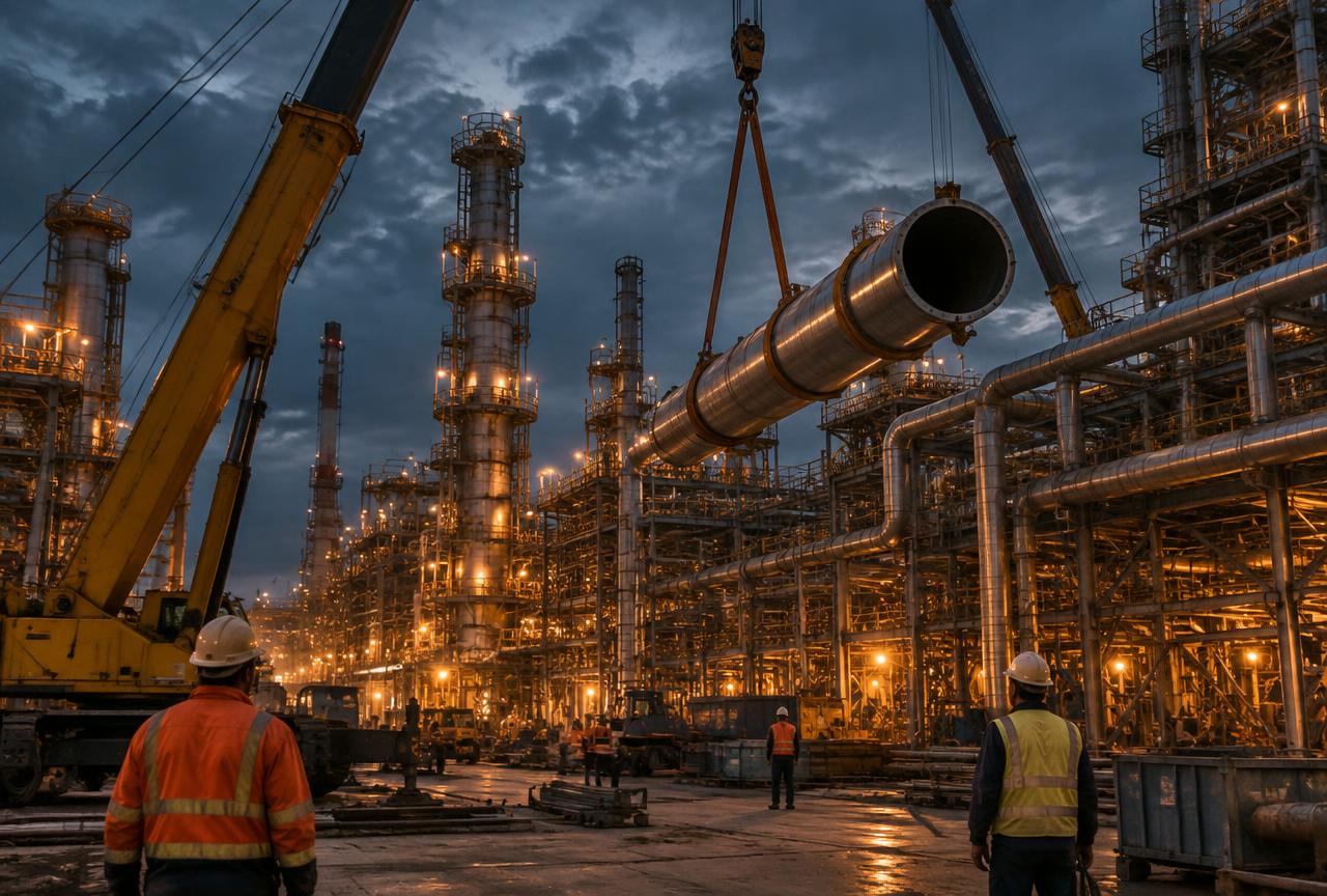 Industrial plant installation site with pipe spool being lifted into position